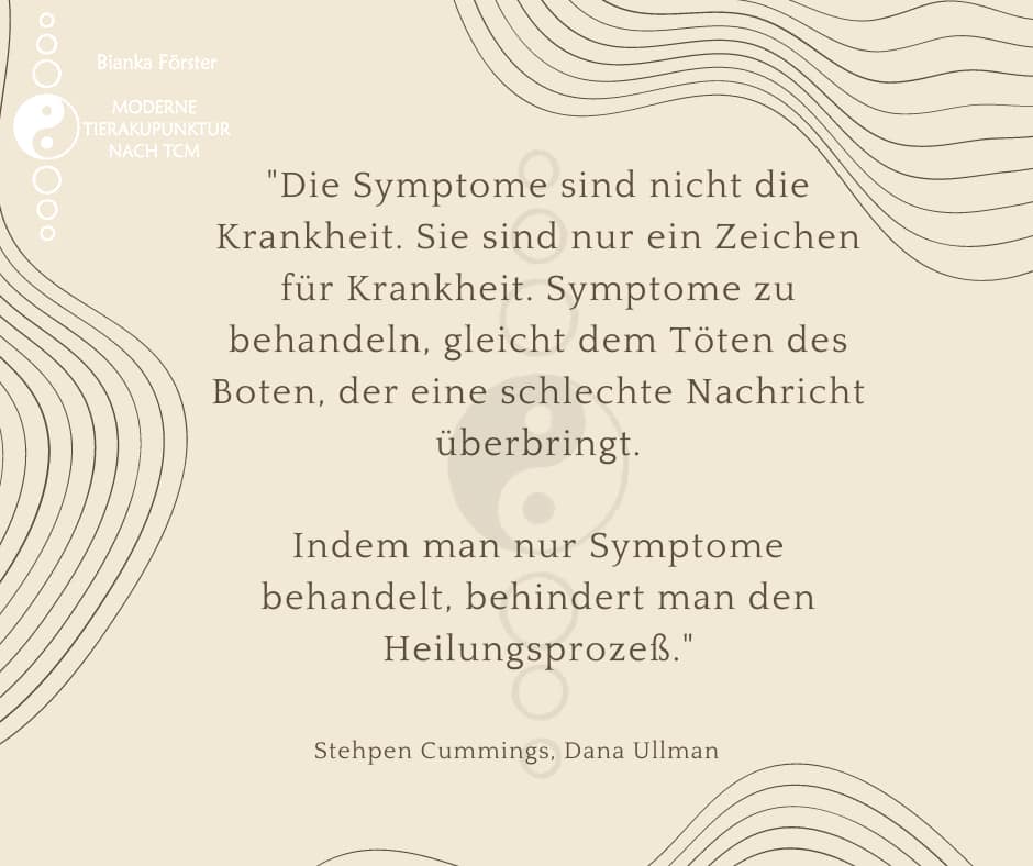 Zitat von Stehpen Cummings und Dana Ullman: "Die Symptome sind nicht die Krankheit. Sie sind nur ein Zeichen für Krankheit. Symptome zu behandeln, gleicht dem Töten des Boten, der eine schlechte Nachricht überbringt. Indem man nur Symptome behandelt, behindert man den Heilungsprozeß."